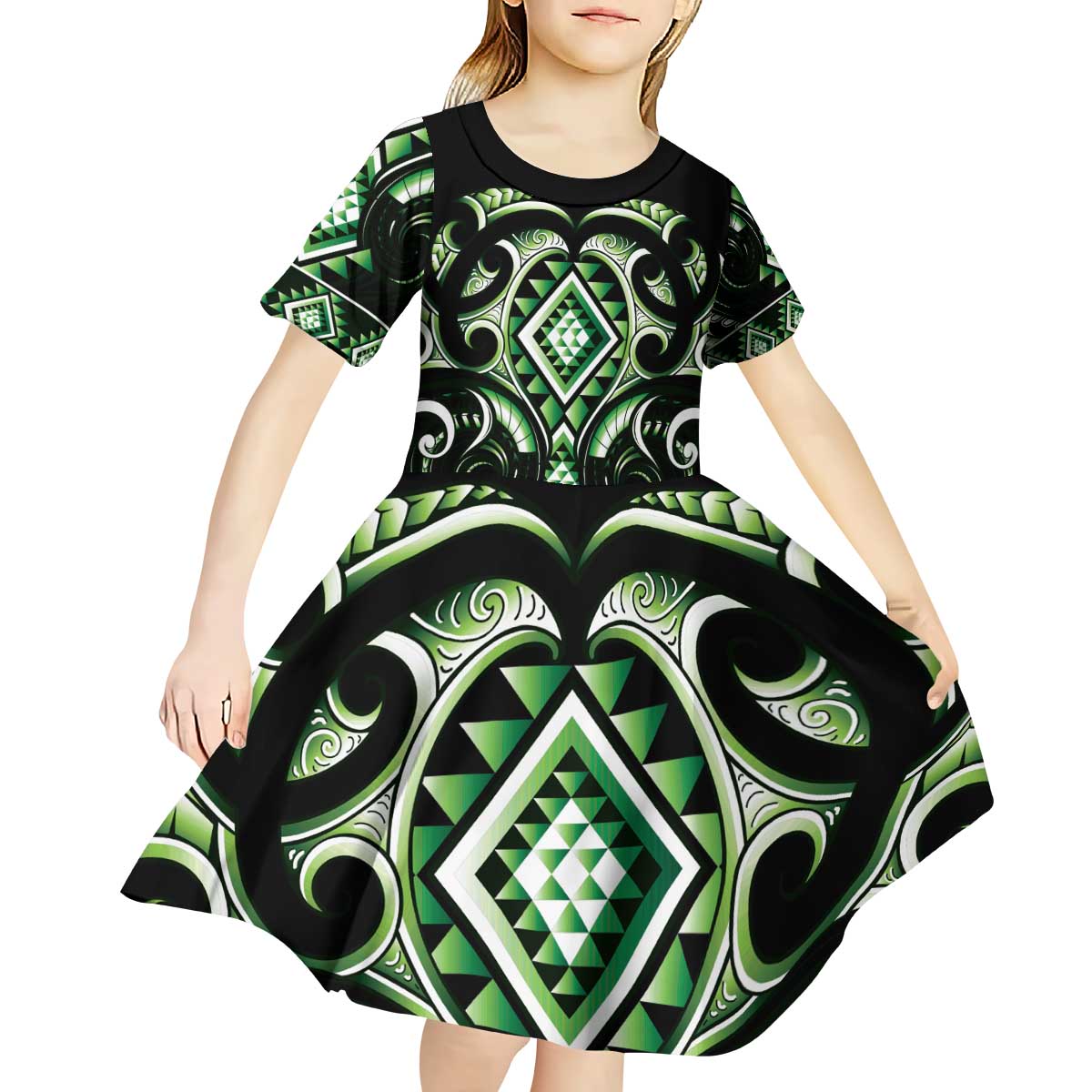 Green Ngaru Taniko With Aotearoa Maori Tattoo Kid Short Sleeve Dress