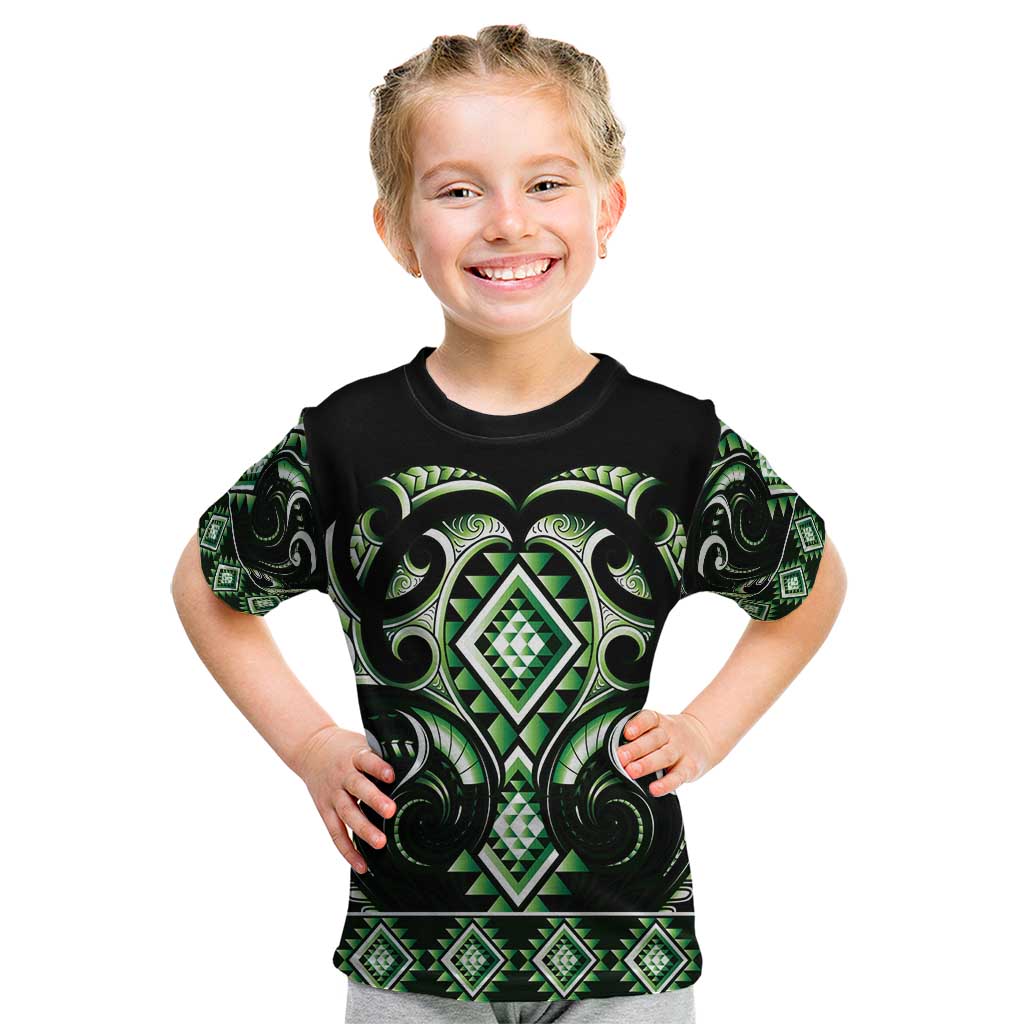Green Ngaru Taniko With Aotearoa Maori Tattoo Kid T Shirt LT14 Green - Polynesian Pride