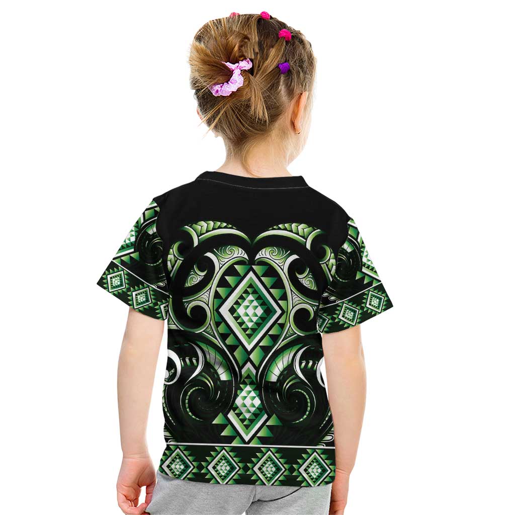 Green Ngaru Taniko With Aotearoa Maori Tattoo Kid T Shirt LT14 - Polynesian Pride