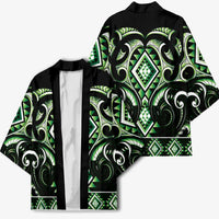 Green Ngaru Taniko With Aotearoa Maori Tattoo Kimono - Polynesian Pride