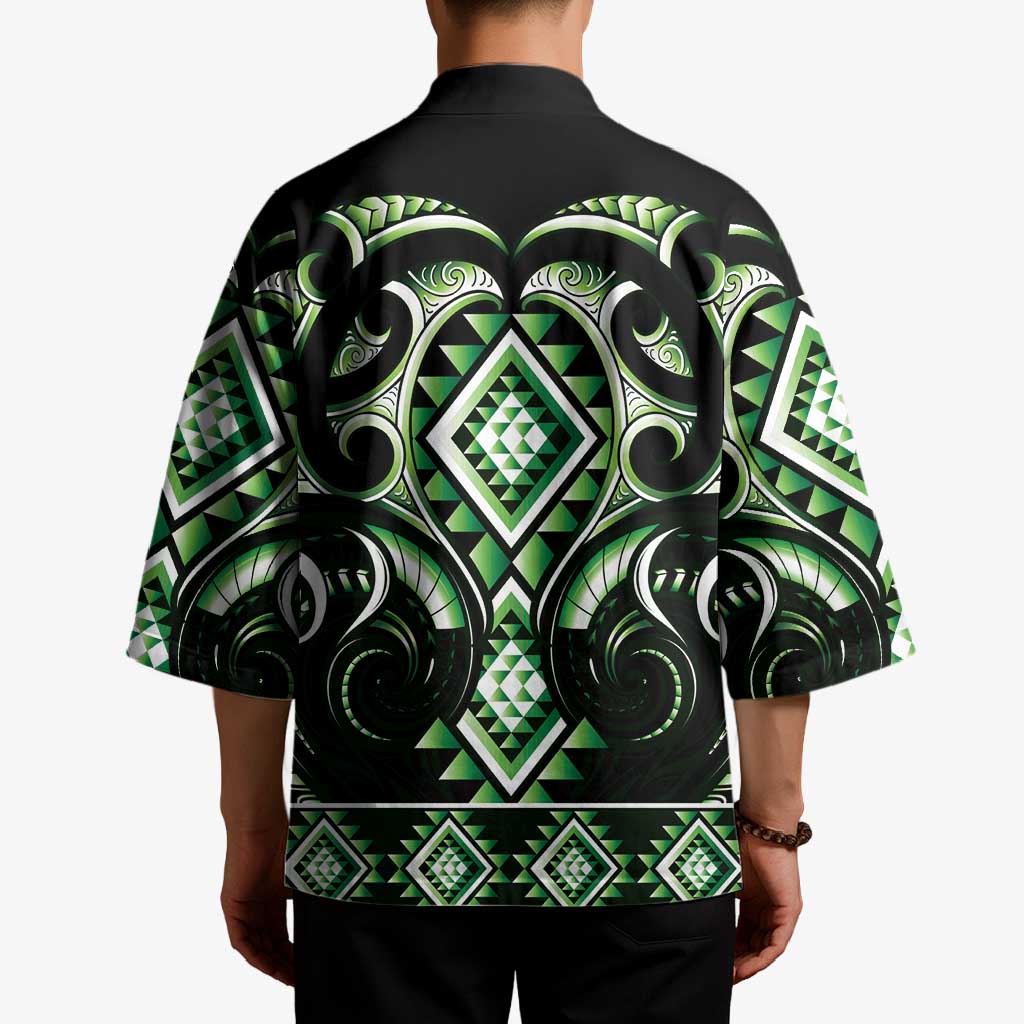 Green Ngaru Taniko With Aotearoa Maori Tattoo Kimono - Polynesian Pride
