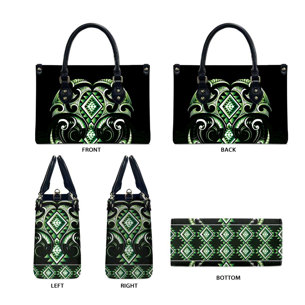 Green Ngaru Taniko With Aotearoa Maori Tattoo Leather Bag - Polynesian Pride