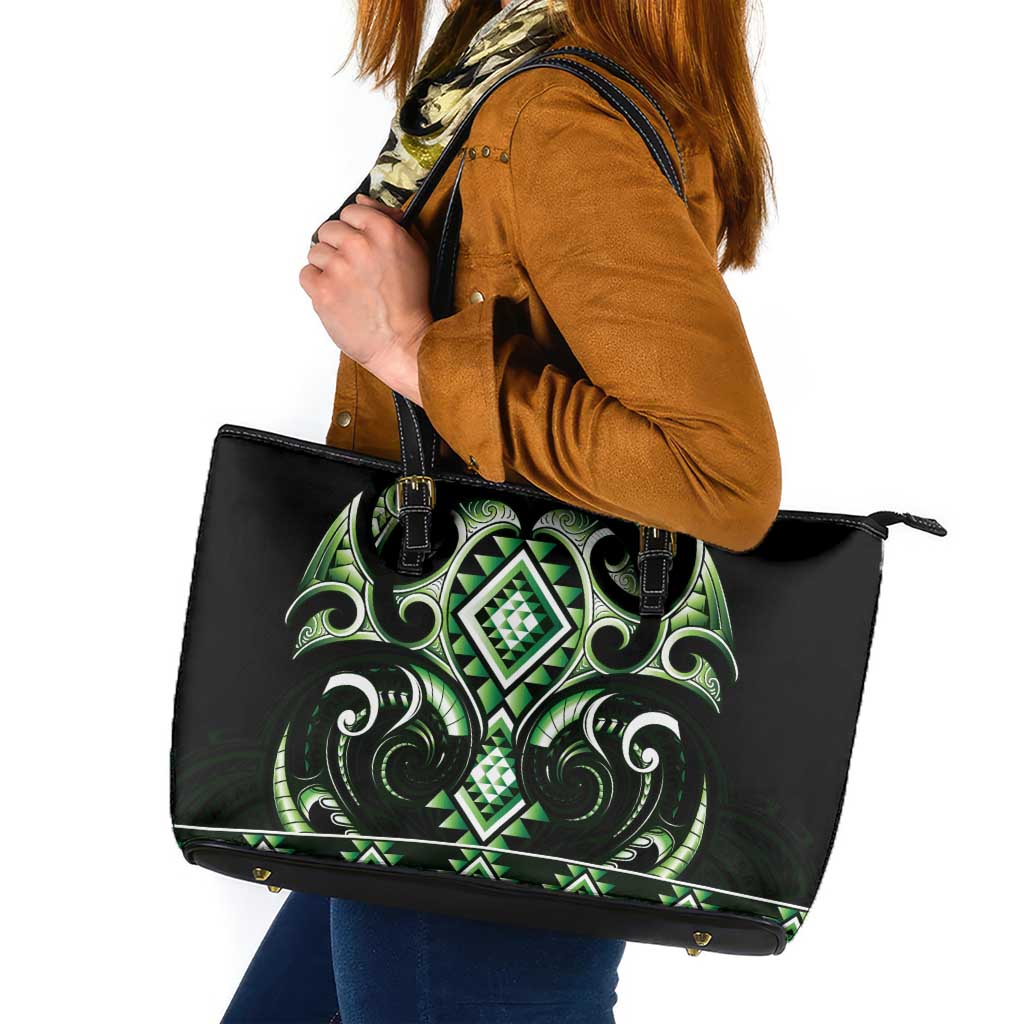 Green Ngaru Taniko With Aotearoa Maori Tattoo Leather Tote Bag LT14 Green - Polynesian Pride