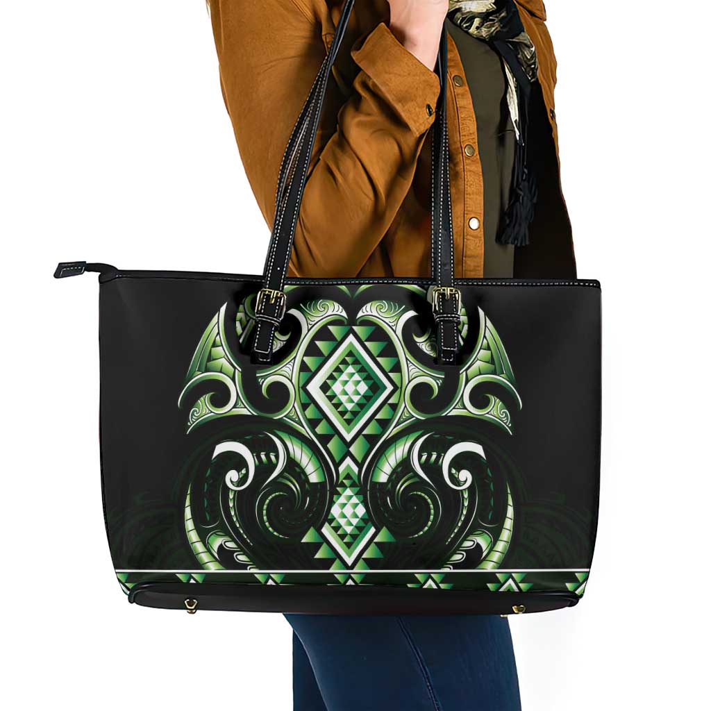 Green Ngaru Taniko With Aotearoa Maori Tattoo Leather Tote Bag LT14 - Polynesian Pride