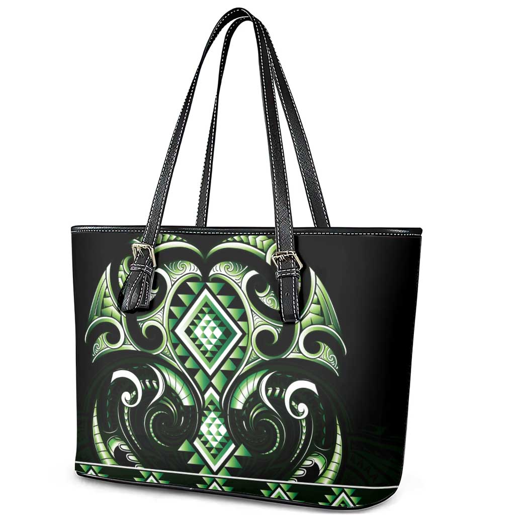 Green Ngaru Taniko With Aotearoa Maori Tattoo Leather Tote Bag LT14 - Polynesian Pride