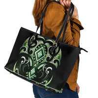 Green Ngaru Taniko With Aotearoa Maori Tattoo Leather Tote Bag LT14 - Polynesian Pride