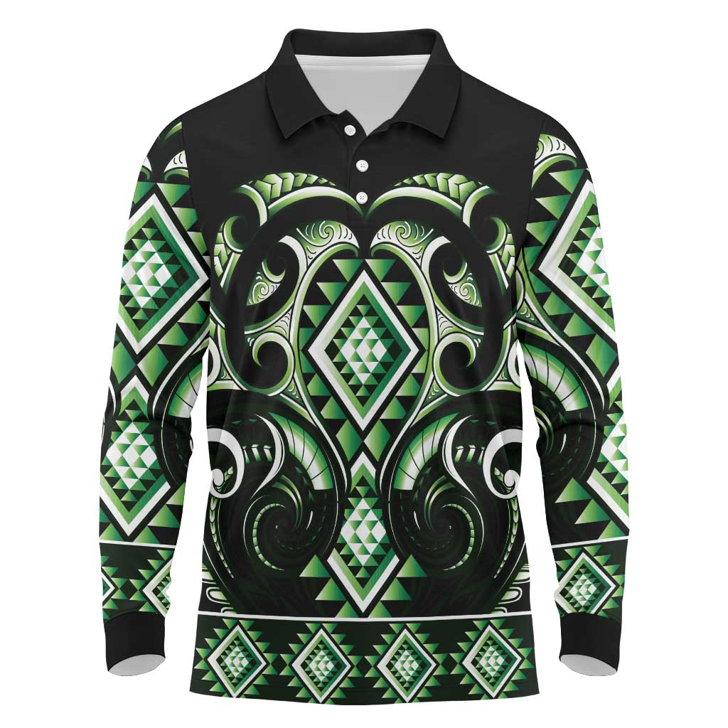 Green Ngaru Taniko With Aotearoa Maori Tattoo Long Sleeve Polo Shirt LT14 Green - Polynesian Pride