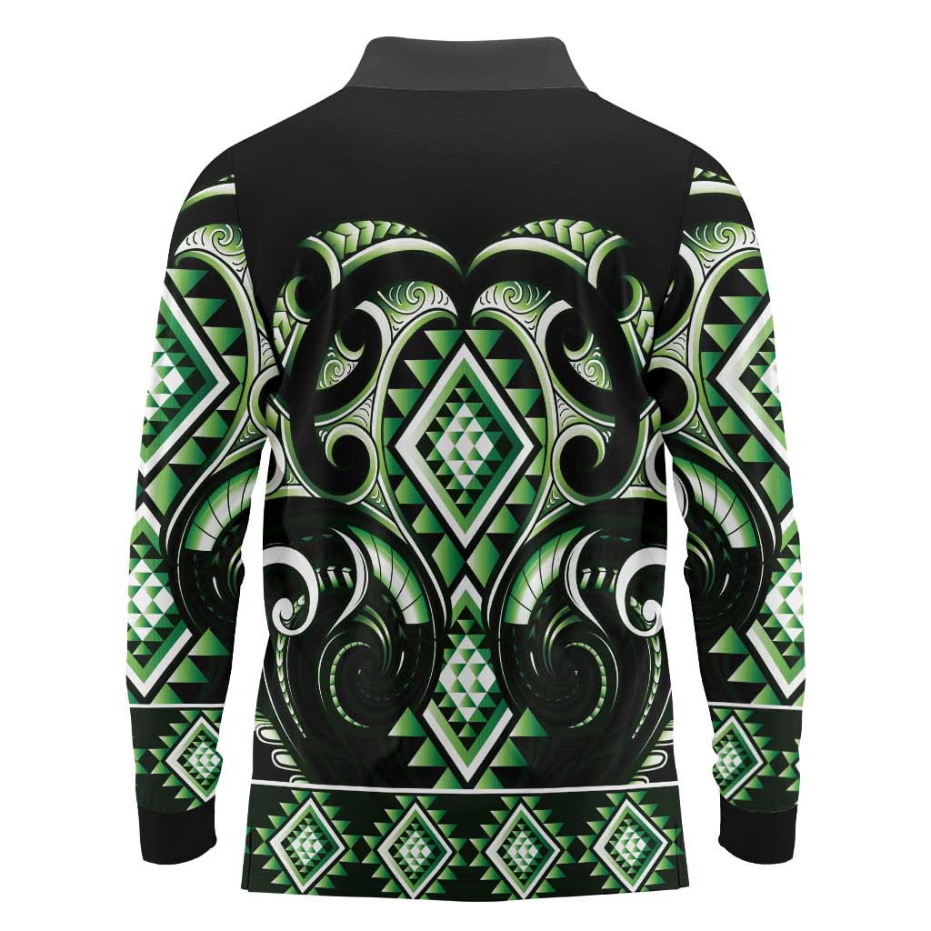 Green Ngaru Taniko With Aotearoa Maori Tattoo Long Sleeve Polo Shirt LT14 - Polynesian Pride