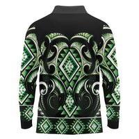 Green Ngaru Taniko With Aotearoa Maori Tattoo Long Sleeve Polo Shirt LT14 - Polynesian Pride