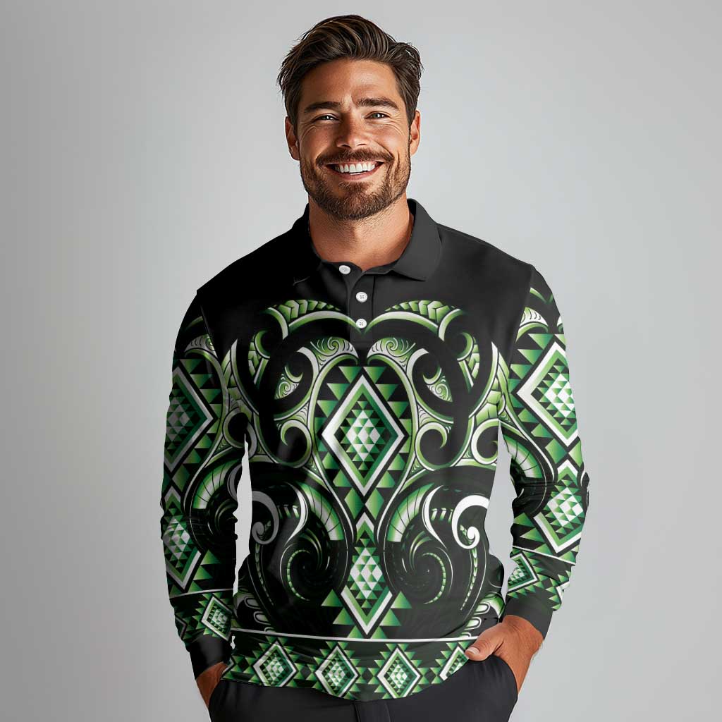 Green Ngaru Taniko With Aotearoa Maori Tattoo Long Sleeve Polo Shirt LT14 - Polynesian Pride