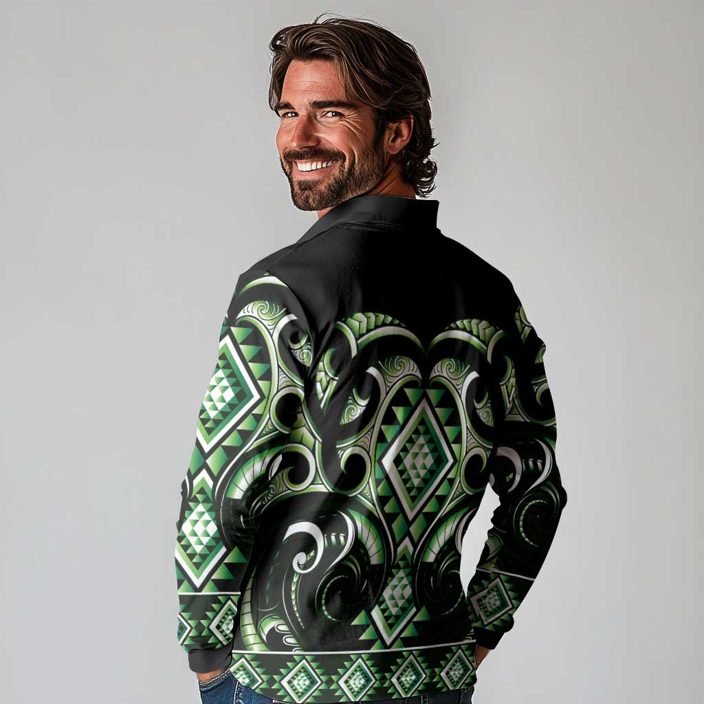 Green Ngaru Taniko With Aotearoa Maori Tattoo Long Sleeve Polo Shirt LT14 - Polynesian Pride
