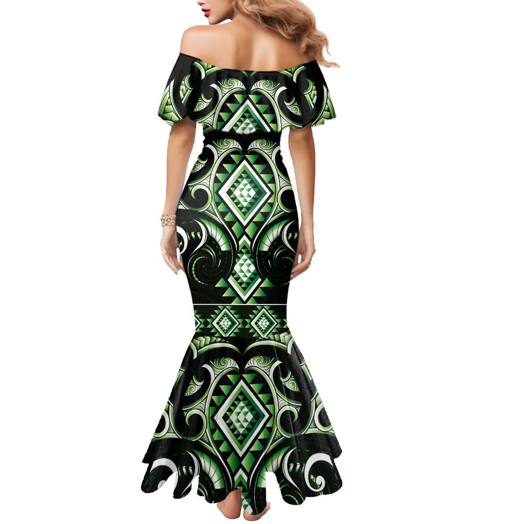Green Ngaru Taniko With Aotearoa Maori Tattoo Mermaid Dress