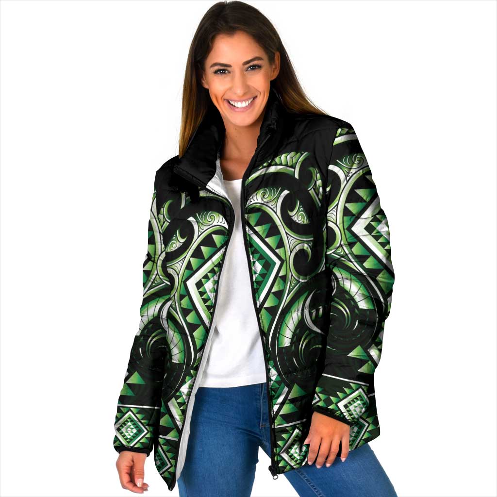 Green Ngaru Taniko With Aotearoa Maori Tattoo Padded Jacket - Polynesian Pride