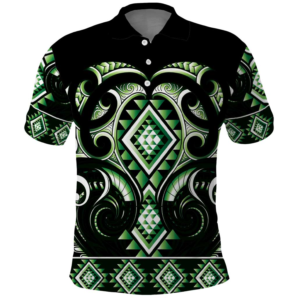 Green Ngaru Taniko With Aotearoa Maori Tattoo Polo Shirt
