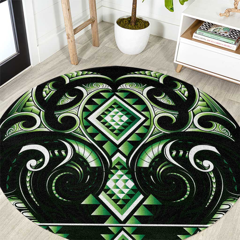 Green Ngaru Taniko With Aotearoa Maori Tattoo Round Carpet