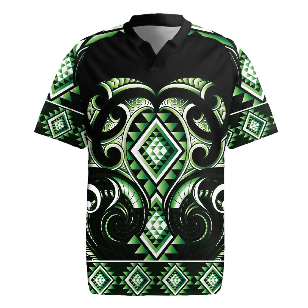 Green Ngaru Taniko With Aotearoa Maori Tattoo Rugby Jersey LT14 Green - Polynesian Pride