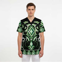 Green Ngaru Taniko With Aotearoa Maori Tattoo Scrub Top - Polynesian Pride