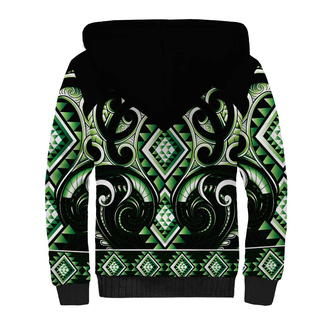 Green Ngaru Taniko With Aotearoa Maori Tattoo Sherpa Hoodie