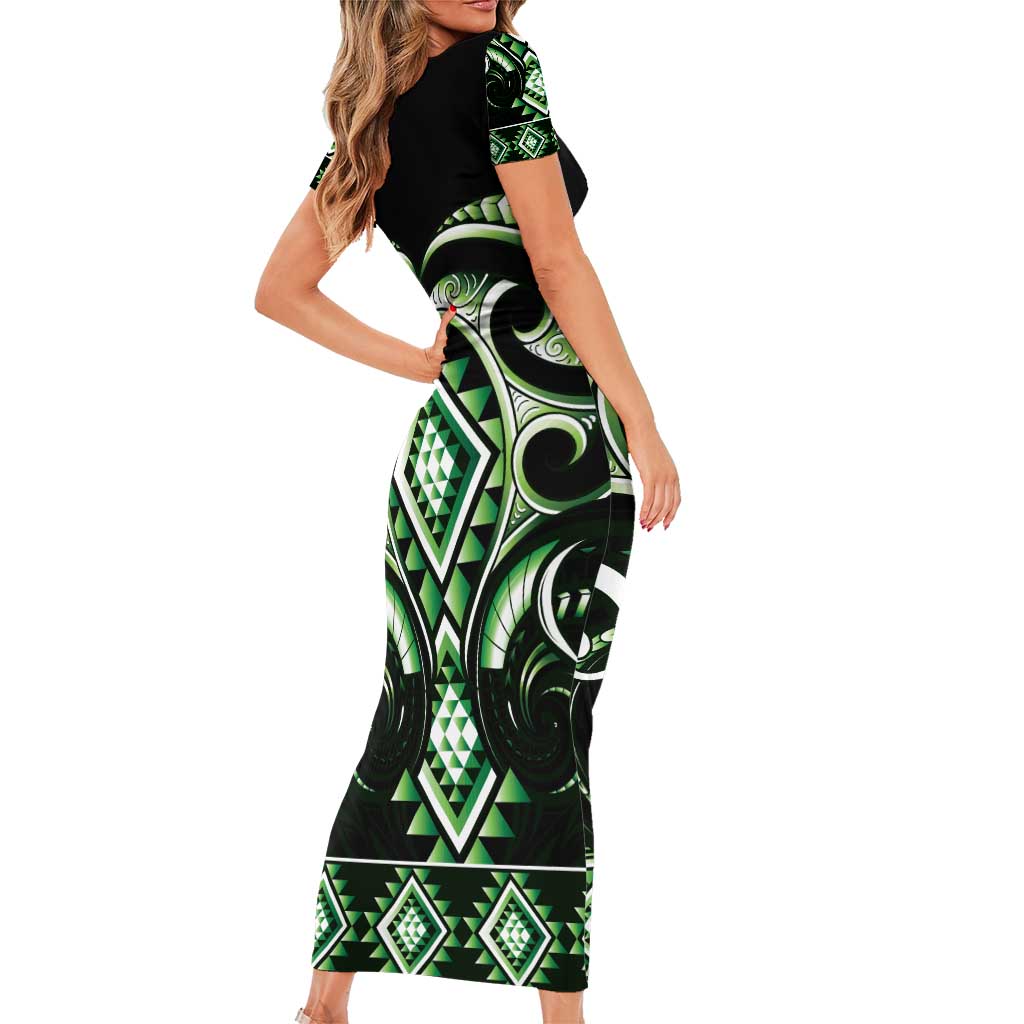 Green Ngaru Taniko With Aotearoa Maori Tattoo Short Sleeve Bodycon Dress