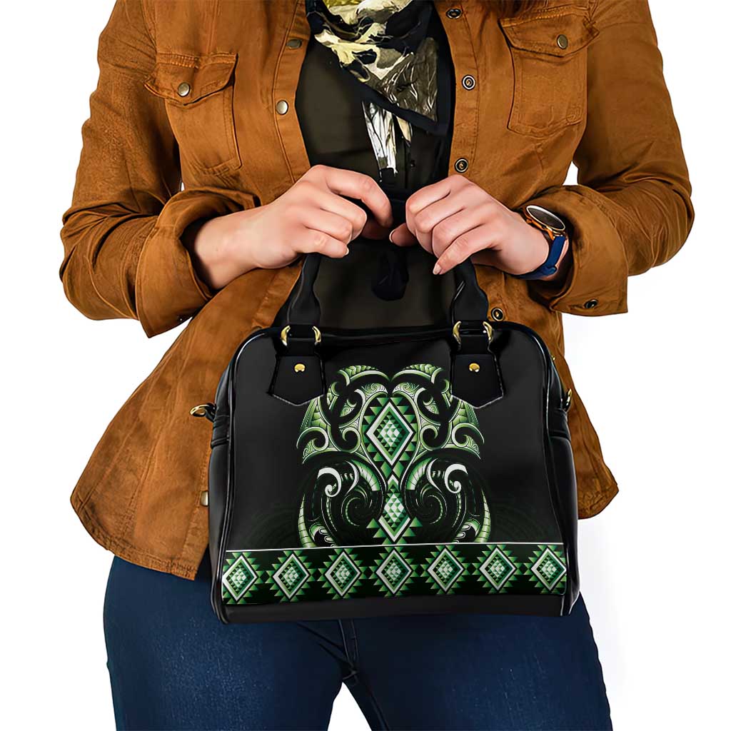 Green Ngaru Taniko With Aotearoa Maori Tattoo Shoulder Handbag
