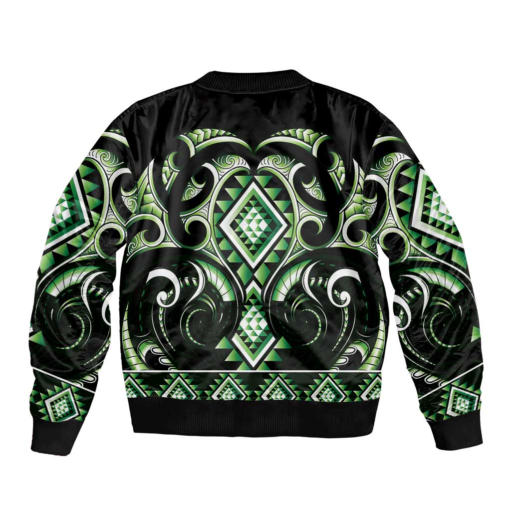 Green Ngaru Taniko With Aotearoa Maori Tattoo Sleeve Zip Bomber Jacket LT14 - Polynesian Pride