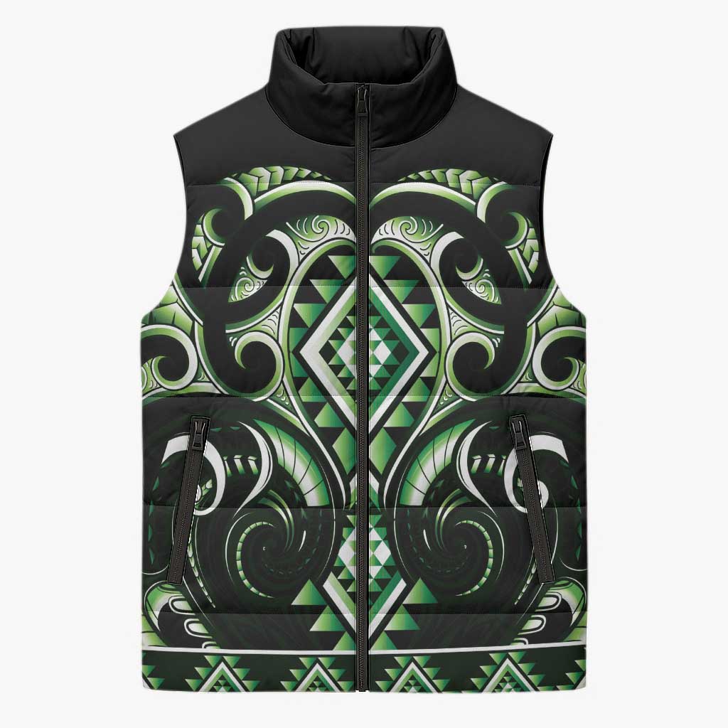 Green Ngaru Taniko With Aotearoa Maori Tattoo Sleeveless Puffer Jacket - Polynesian Pride