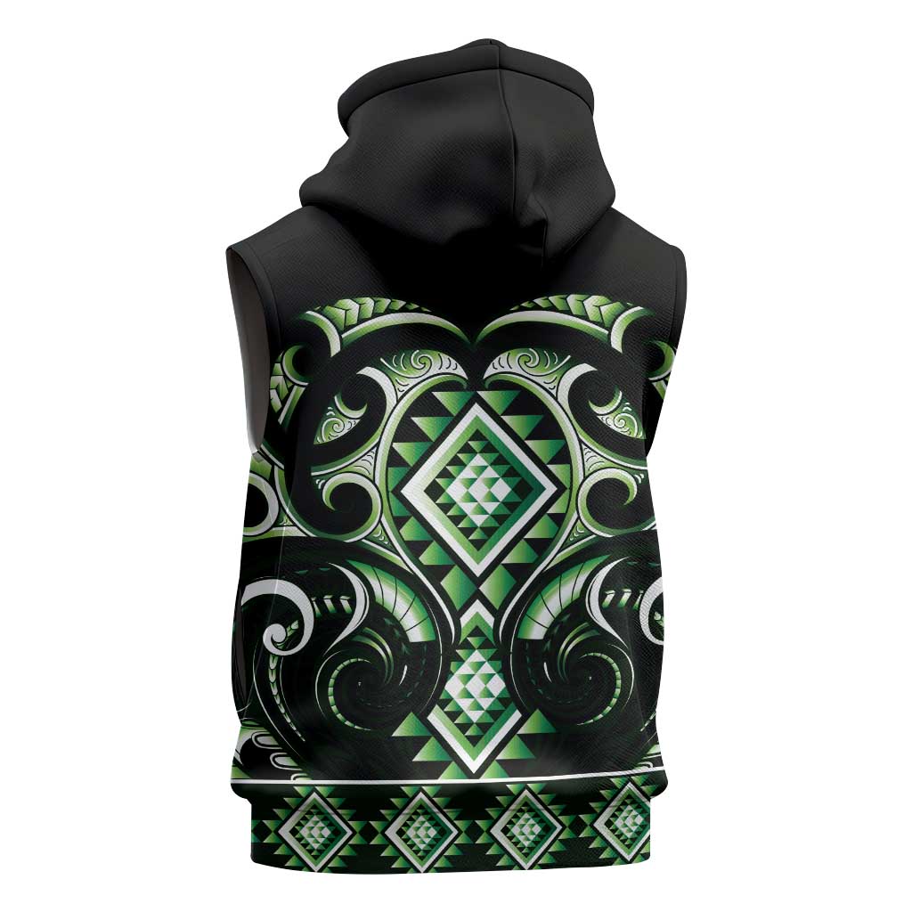 Green Ngaru Taniko With Aotearoa Maori Tattoo Sleeveless Zip Hoodie LT14 - Polynesian Pride