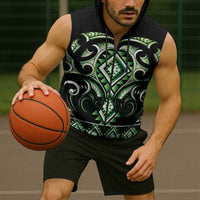 Green Ngaru Taniko With Aotearoa Maori Tattoo Sleeveless Zip Hoodie LT14 - Polynesian Pride
