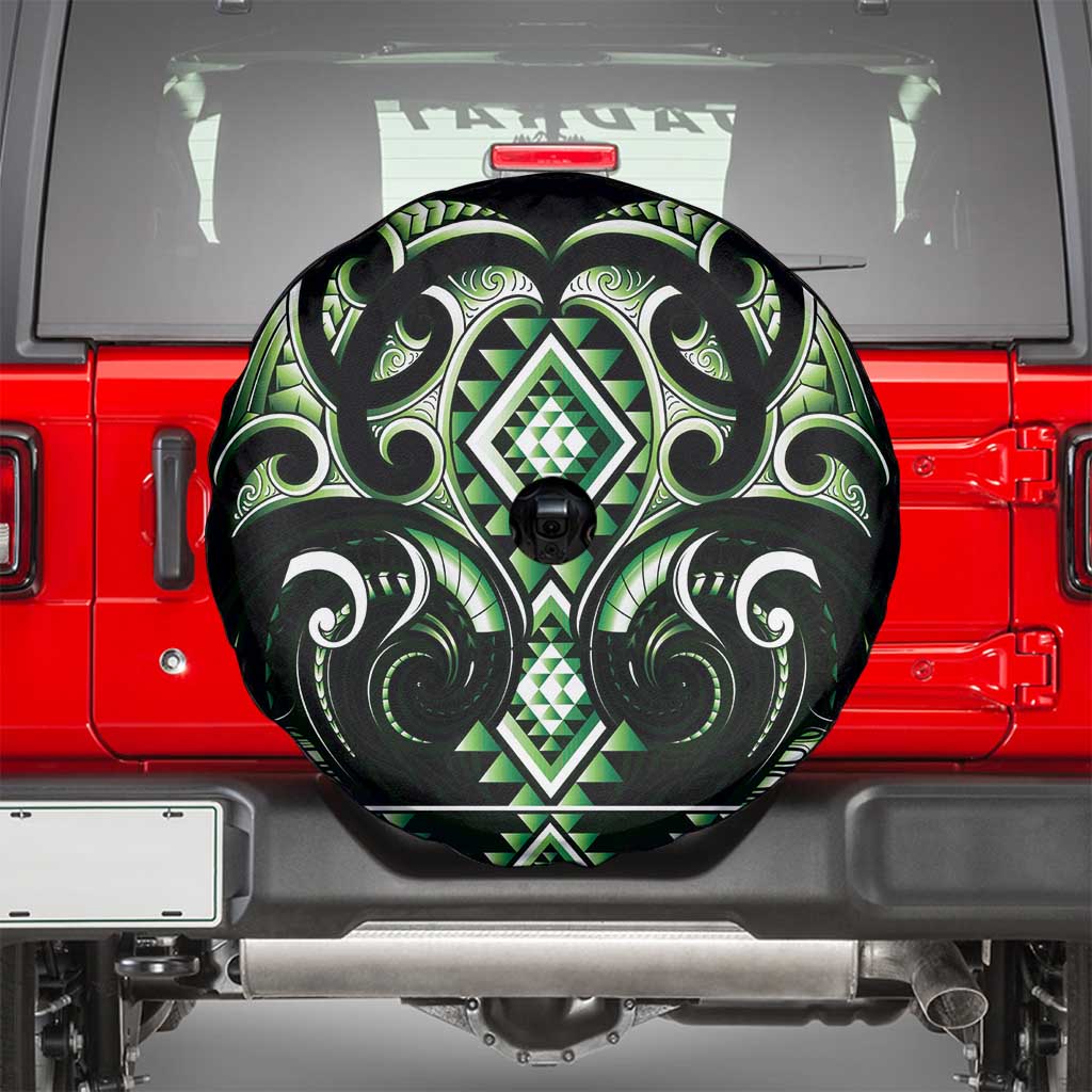 Green Ngaru Taniko With Aotearoa Maori Tattoo Spare Tire Cover