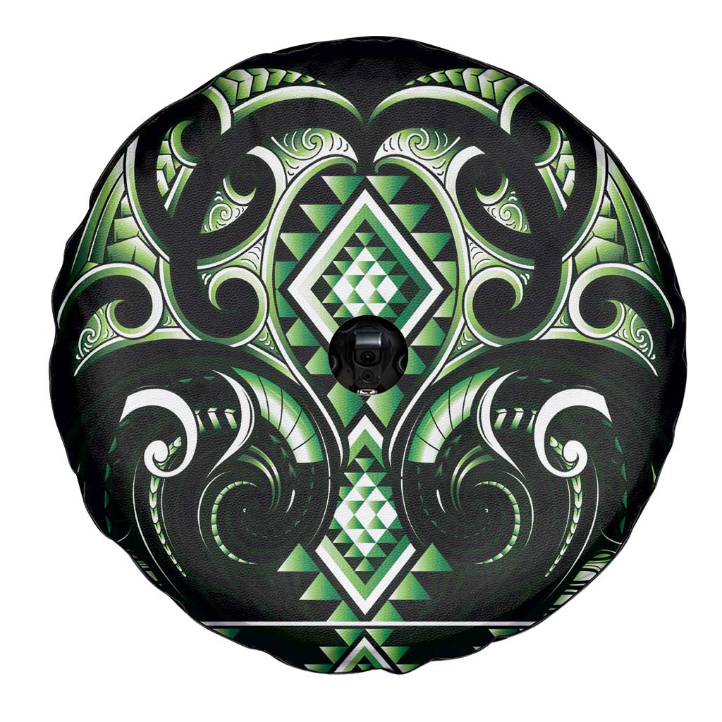 Green Ngaru Taniko With Aotearoa Maori Tattoo Spare Tire Cover