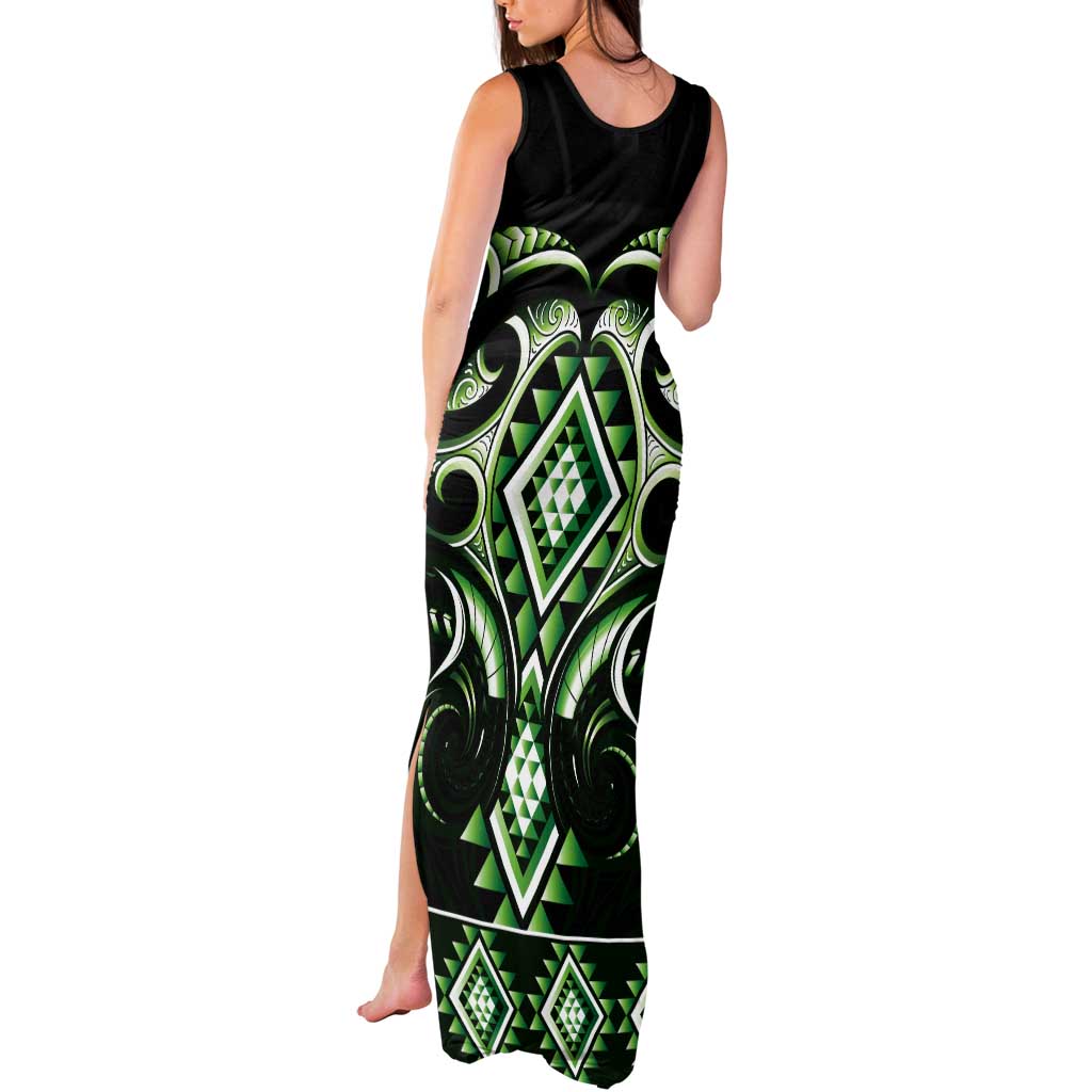 Green Ngaru Taniko With Aotearoa Maori Tattoo Tank Maxi Dress