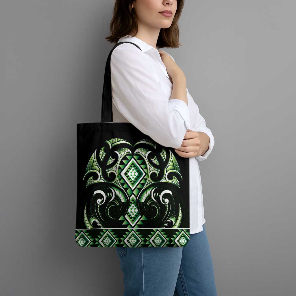 Green Ngaru Taniko With Aotearoa Maori Tattoo Tote Bag - Polynesian Pride