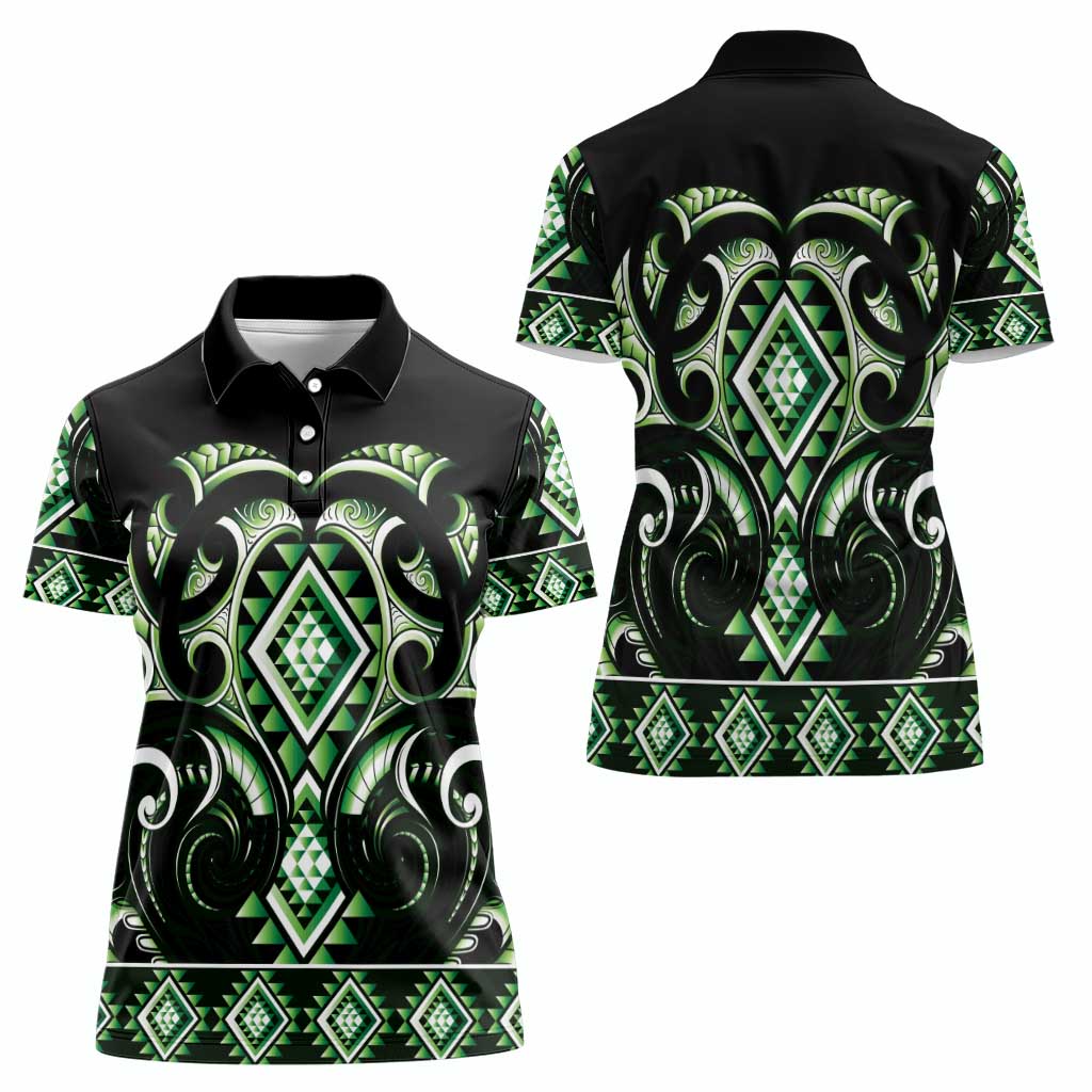 Green Ngaru Taniko With Aotearoa Maori Tattoo Women Polo Shirt