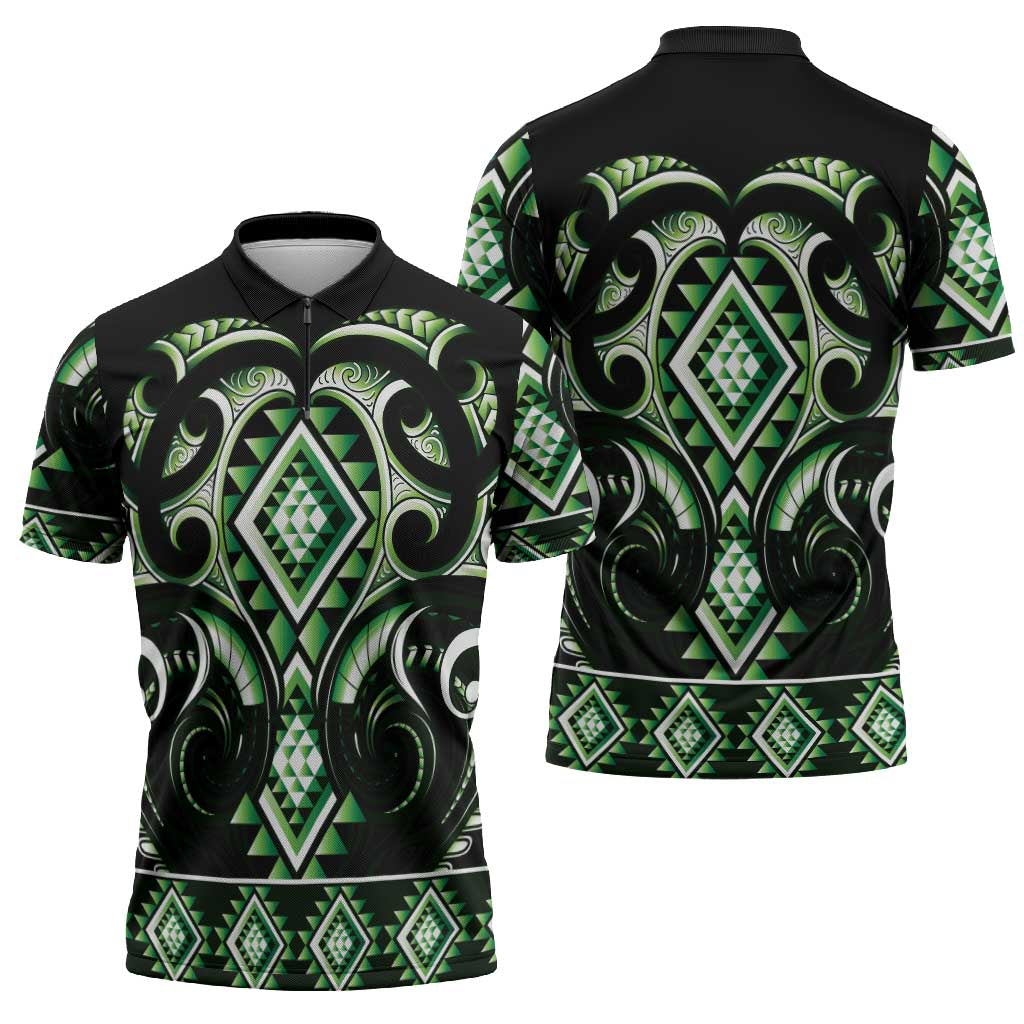 Green Ngaru Taniko With Aotearoa Maori Tattoo Zipper Polo Shirt - Polynesian Pride