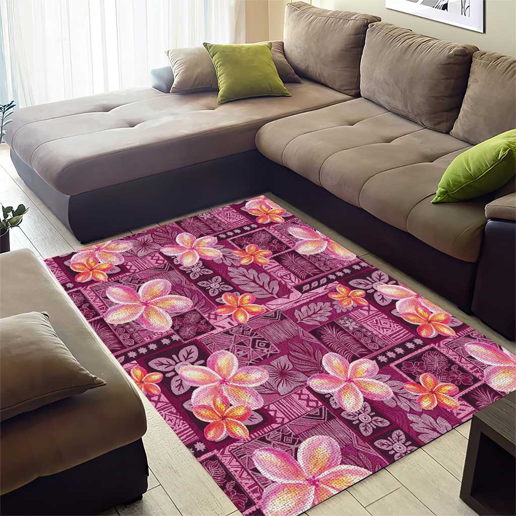 Pink Hawaii Plumeria With Tropical Flowers Motifs Area Rug