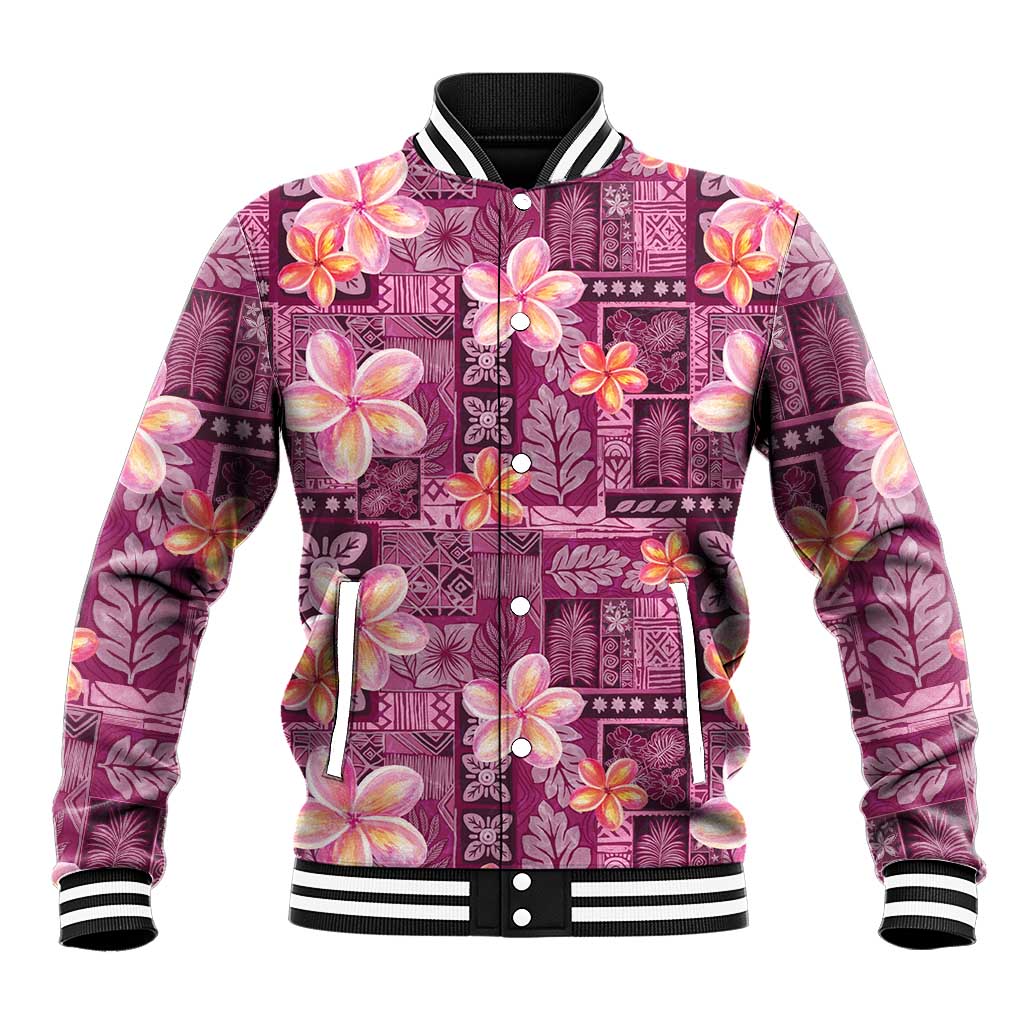 Pink Hawaii Plumeria With Tropical Flowers Motifs Baseball Jacket