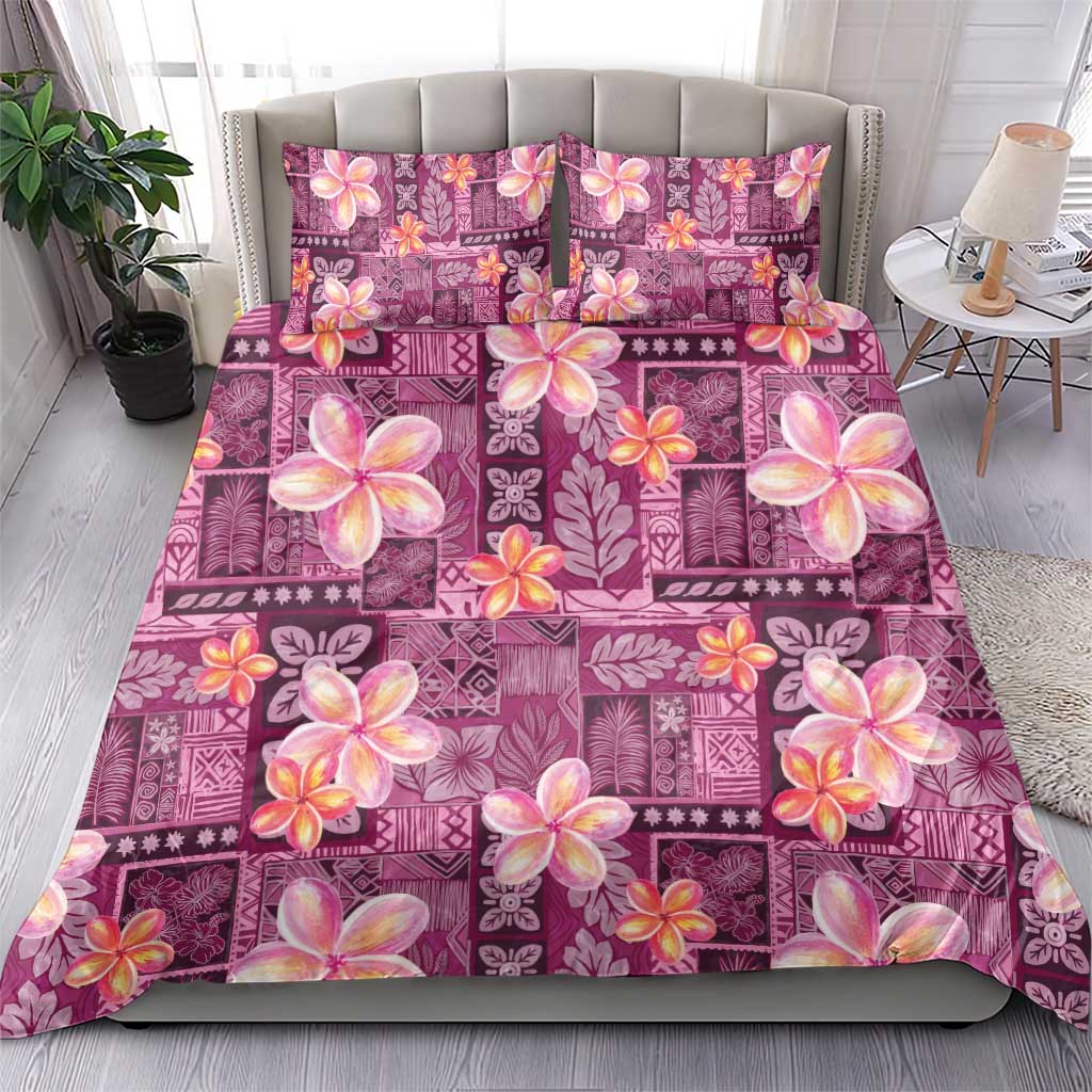Pink Hawaii Plumeria With Tropical Flowers Motifs Bedding Set