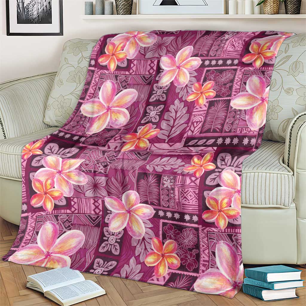 Pink Hawaii Plumeria With Tropical Flowers Motifs Blanket
