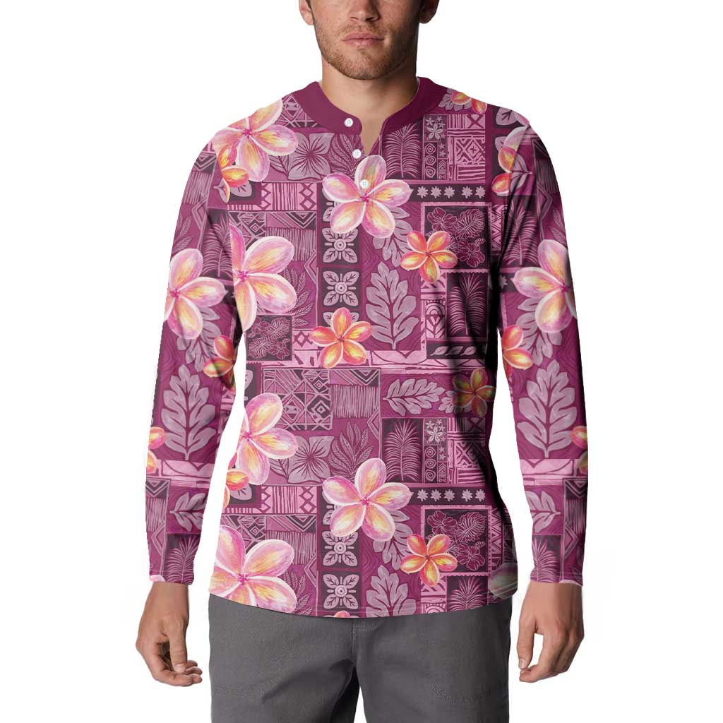Pink Hawaii Plumeria With Tropical Flowers Motifs Button Sweatshirt