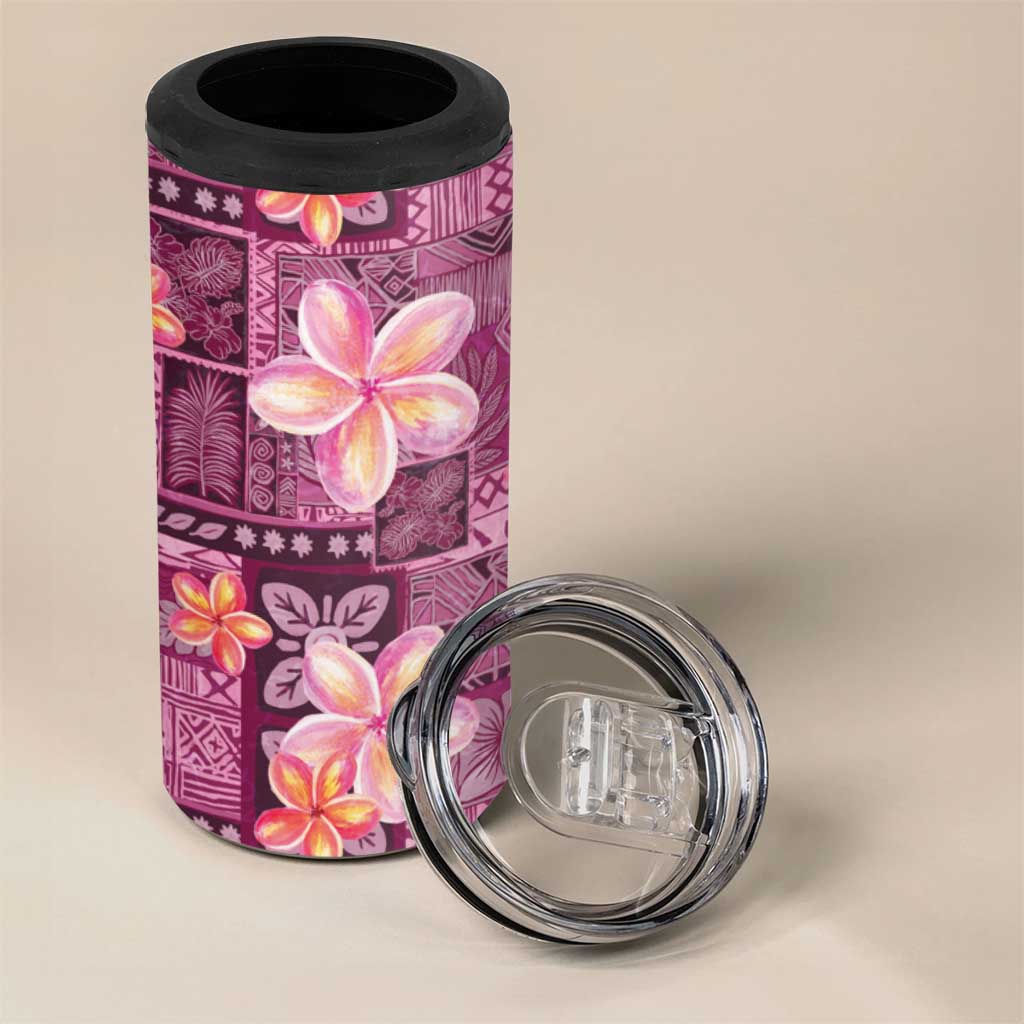Pink Hawaii Plumeria With Tropical Flowers Motifs 4 in 1 Can Cooler Tumbler