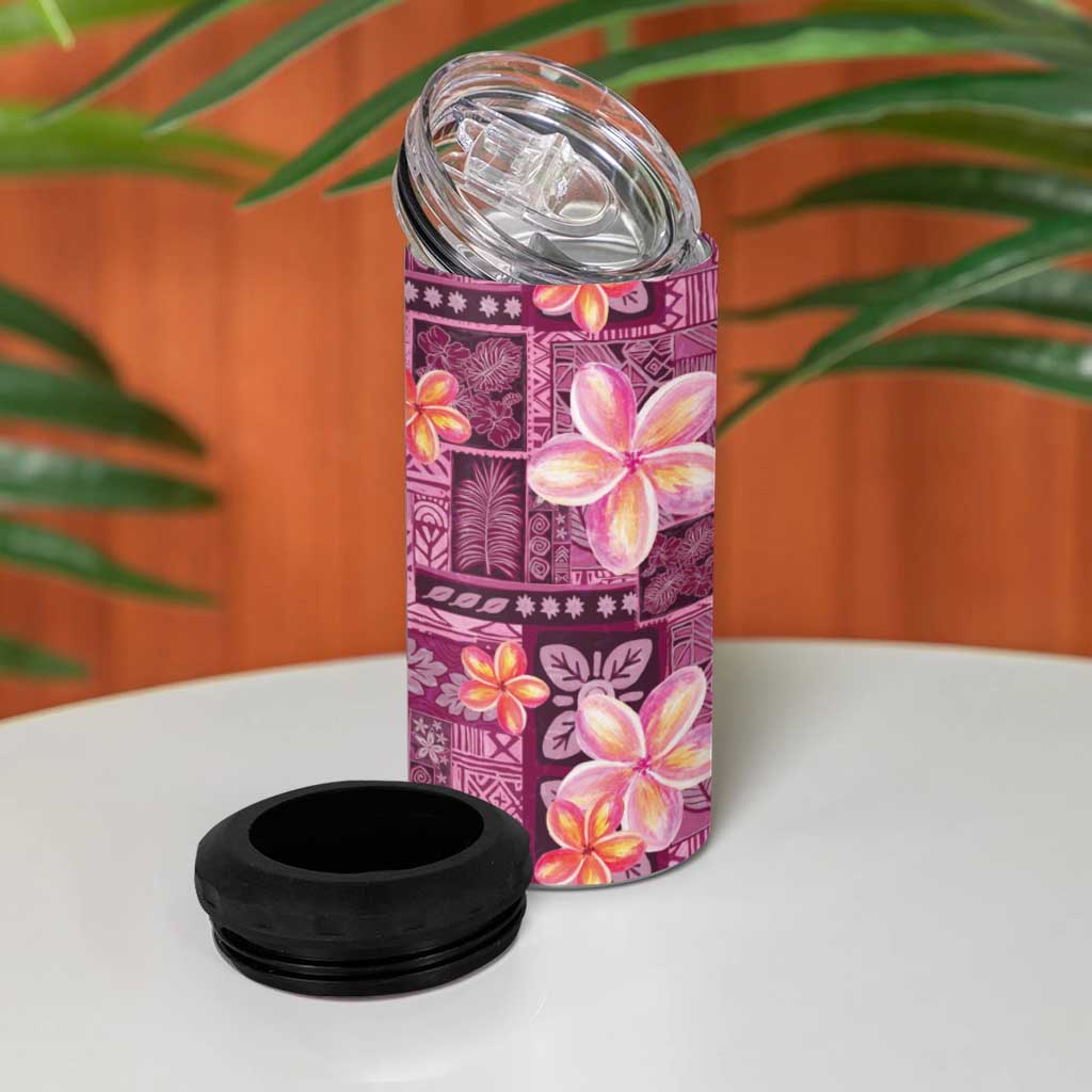 Pink Hawaii Plumeria With Tropical Flowers Motifs 4 in 1 Can Cooler Tumbler