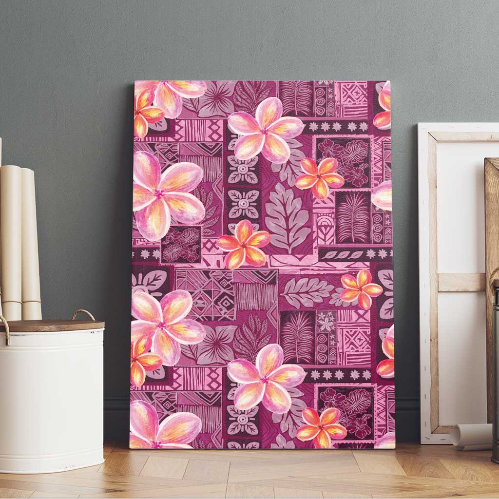 Pink Hawaii Plumeria With Tropical Flowers Motifs Canvas Wall Art