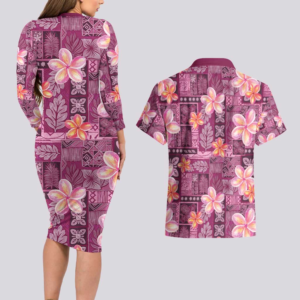 Pink Hawaii Plumeria With Tropical Flowers Motifs Couples Matching Long Sleeve Bodycon Dress and Hawaiian Shirt
