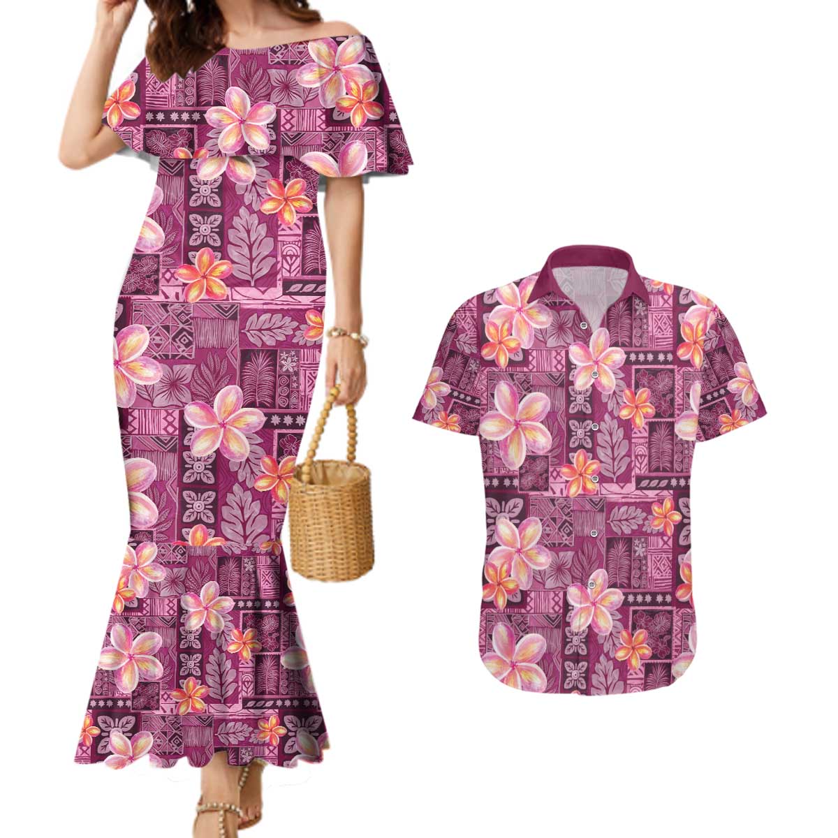 Pink Hawaii Plumeria With Tropical Flowers Motifs Couples Matching Mermaid Dress and Hawaiian Shirt