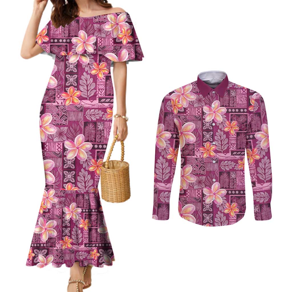 Pink Hawaii Plumeria With Tropical Flowers Motifs Couples Matching Mermaid Dress and Long Sleeve Button Shirt