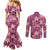 Pink Hawaii Plumeria With Tropical Flowers Motifs Couples Matching Mermaid Dress and Long Sleeve Button Shirt