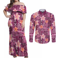Pink Hawaii Plumeria With Tropical Flowers Motifs Couples Matching Off Shoulder Maxi Dress and Long Sleeve Button Shirt
