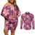 Pink Hawaii Plumeria With Tropical Flowers Motifs Couples Matching Off Shoulder Short Dress and Long Sleeve Button Shirt