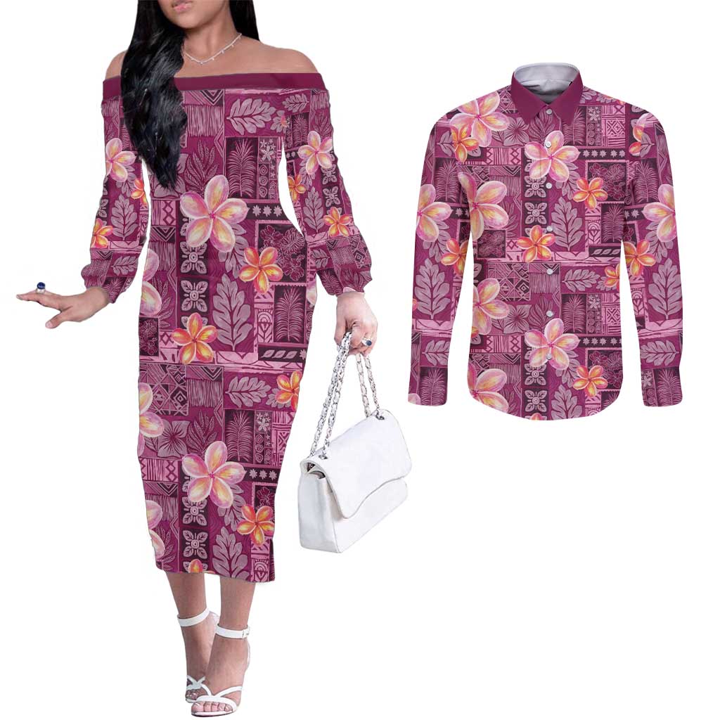 Pink Hawaii Plumeria With Tropical Flowers Motifs Couples Matching Off The Shoulder Long Sleeve Dress and Long Sleeve Button Shirt