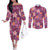 Pink Hawaii Plumeria With Tropical Flowers Motifs Couples Matching Off The Shoulder Long Sleeve Dress and Long Sleeve Button Shirt